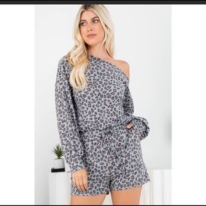 Spring Break, Gray Leopard Print Cold Shoulder Romper. LAST ONE